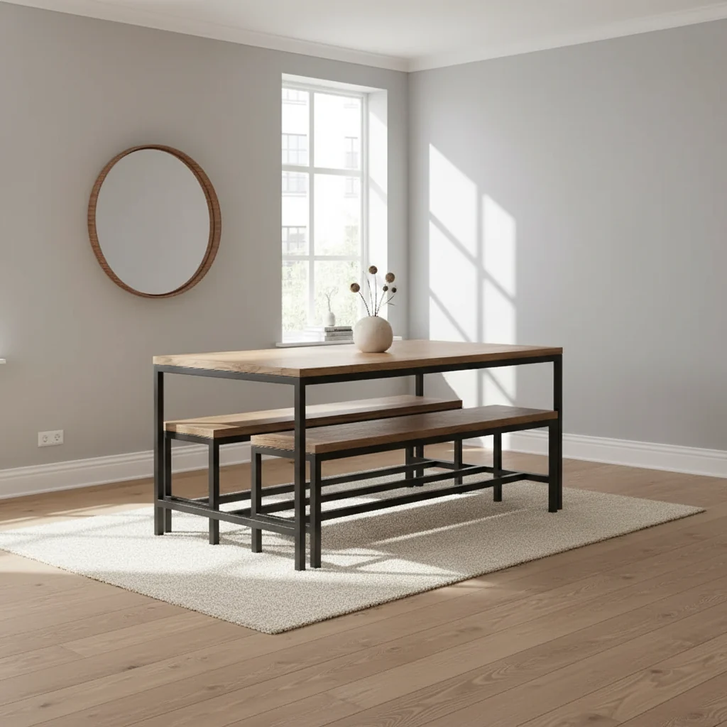 Natural Wood and Black Metal Dining Table, Industrial Style, Seats 6