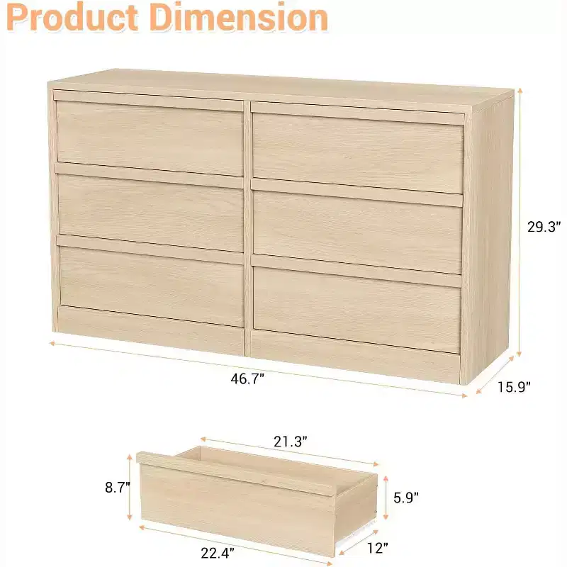 6 Drawer Dresser for Bedroom, 54in Wide Antique White 7 Chest of Drawers with Large Storage, Wooden Dresser Organizer for Living Room
