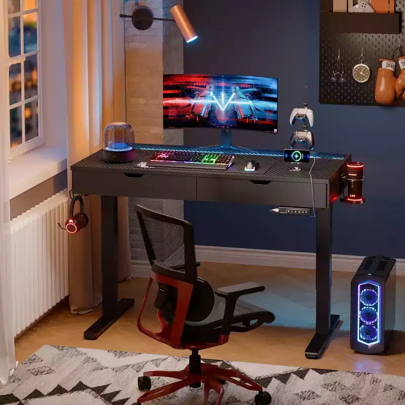 47 x 24 Inch Electric Standing Desk with Double Drawers and LED Light for Home Office, Height Adjustable Desk, Computer Desk