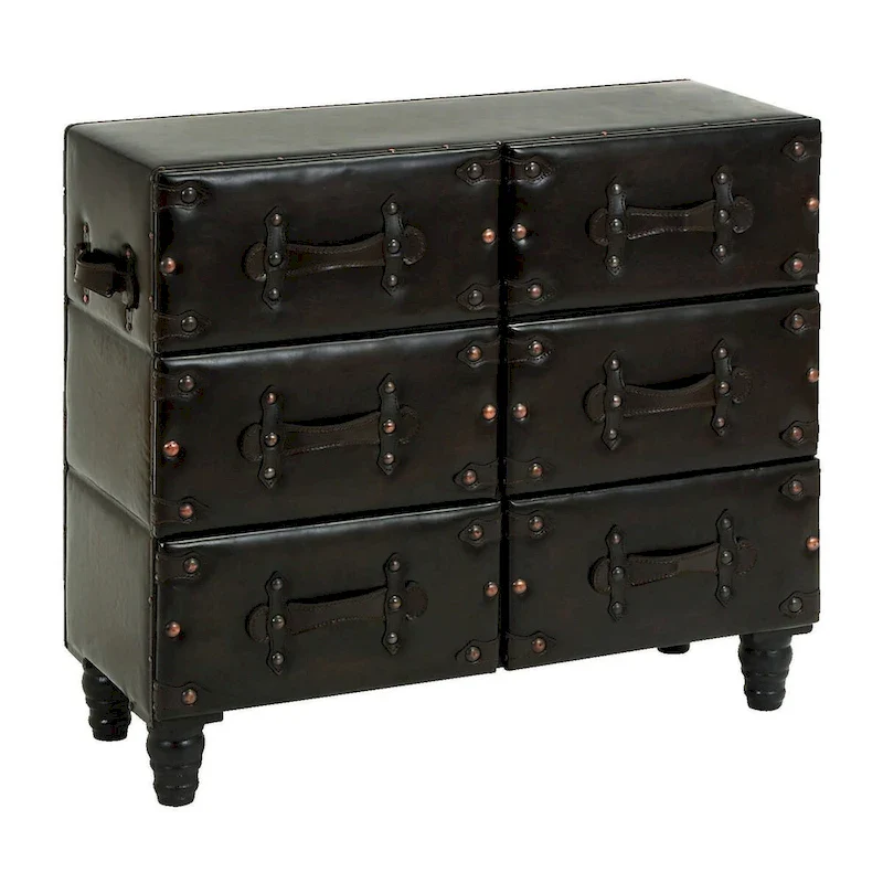Vintage Wood Chest with Faux Leather, Rivets & Straps, Rustic Black Decorative Storage Trunk