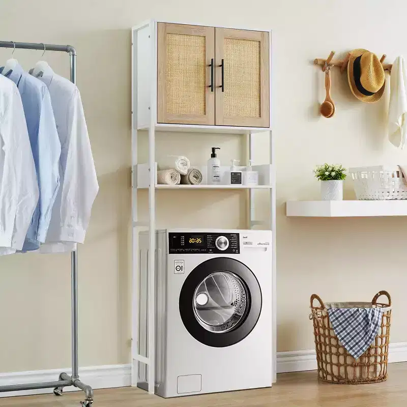 Over The Toilet Storage Cabinet with Adjustable Shelf and Rattan Doors, Bathroom Space Saver Organizer Above Toilet with Metal Handle, White