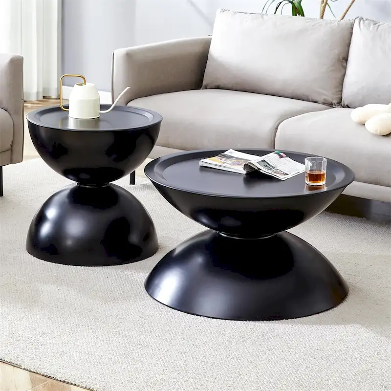 Round Coffee Tables with Metal Frame, Matt Black / Milk White, Set of 2