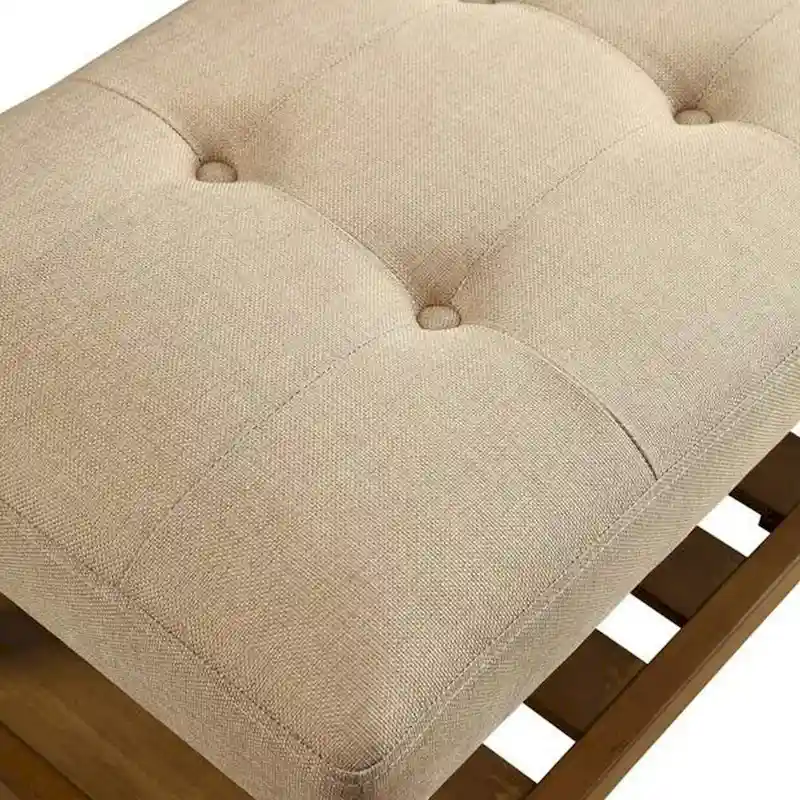 Button-Tufted Upholstered Bench with Slatted Shelf – Beige & Oak, Tapered Legs, 1-Person Seating
