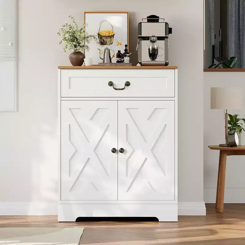 Farmhouse Coffee Bar Cabinet with 2 Doors & Drawer, Adjustable Shelf Kitchen Storage Buffet Sideboard, 150LB Capacity, for Dining Room