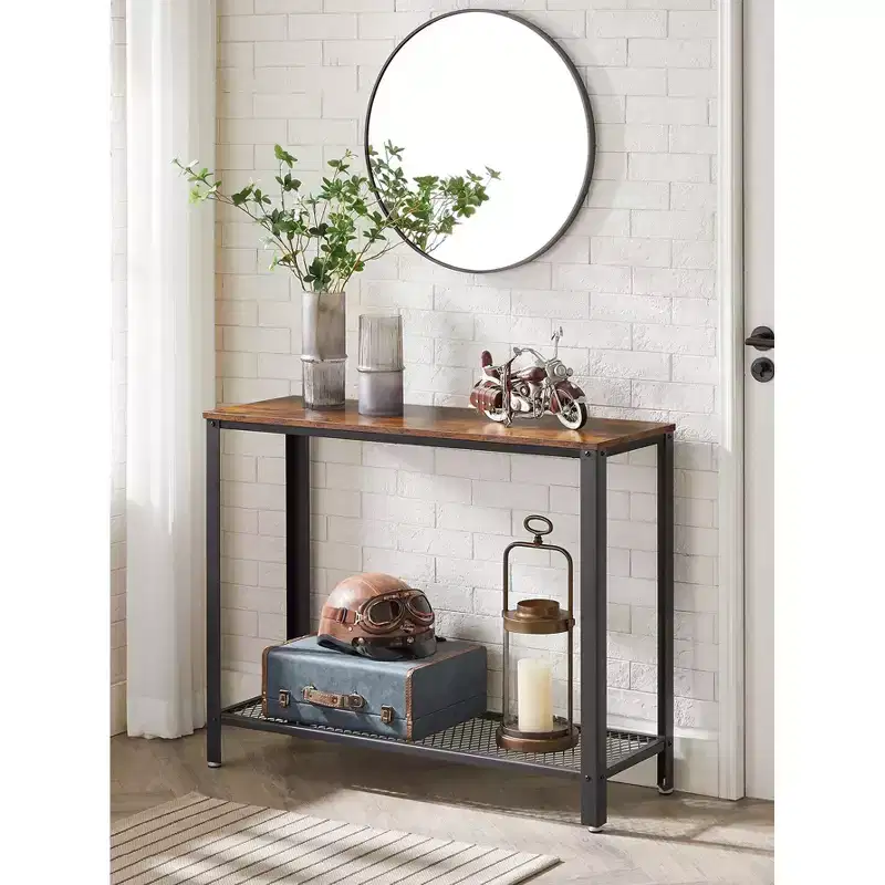Console Table, 2-Tier Entryway Table with Mesh Shelf, Narrow Sofa Table, Steel Frame, Adjustable Feet, Rustic Brown and Black