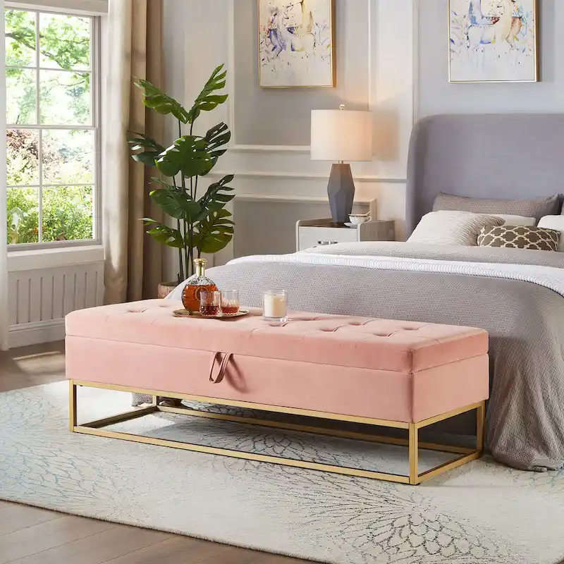 Button Tufting Velvet Storage Bench with Gold Metal Base