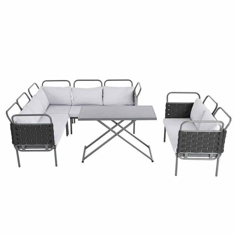 5-Piece Modern Patio Sectional Sofa Set with Glass Table and Cushions