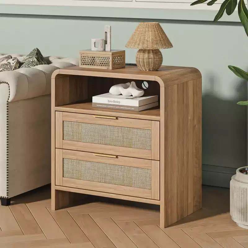Rustic Nightstand with Charging Station LED/Night Light 2-Drawer Rattan Detail Wood & Rattan 22.8 (W1820P410556)
