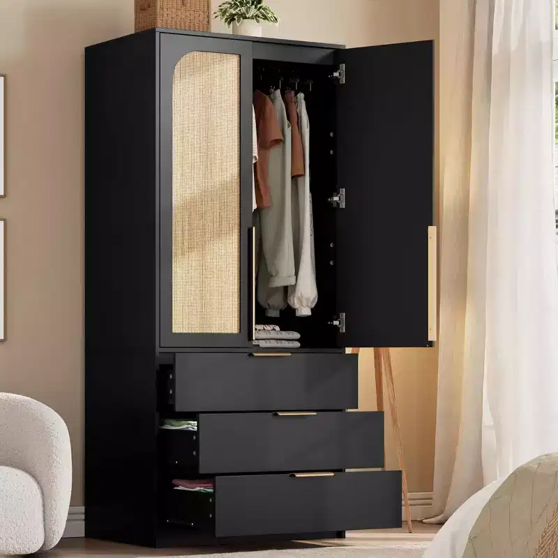 Wardrobe Closet with Rattan Doors, Rattan Armoire Wardrobe Closet with Drawers & Hanging Rod, Wooden Armoire for Hanging Clothes, 69.5 H