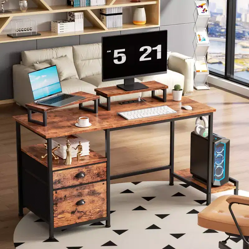 47 Inch Rustic Brown Computer Desk with Charging Station File Cabinet Home Office Gaming Desk 2 Monitor Stands Storage Drawer Shelf Writing Table
