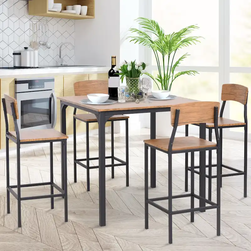 5 PC Modern Counter Height Dining Set Compact Kitchen Table 4 Chairs Set with Footrest, Metal Legs, Wood