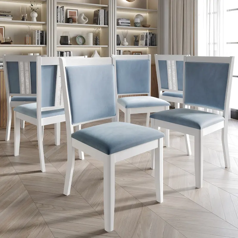 Crystal Diamond Strip Velvet Dining Chairs Set of 6 – Light Blue, White Frame