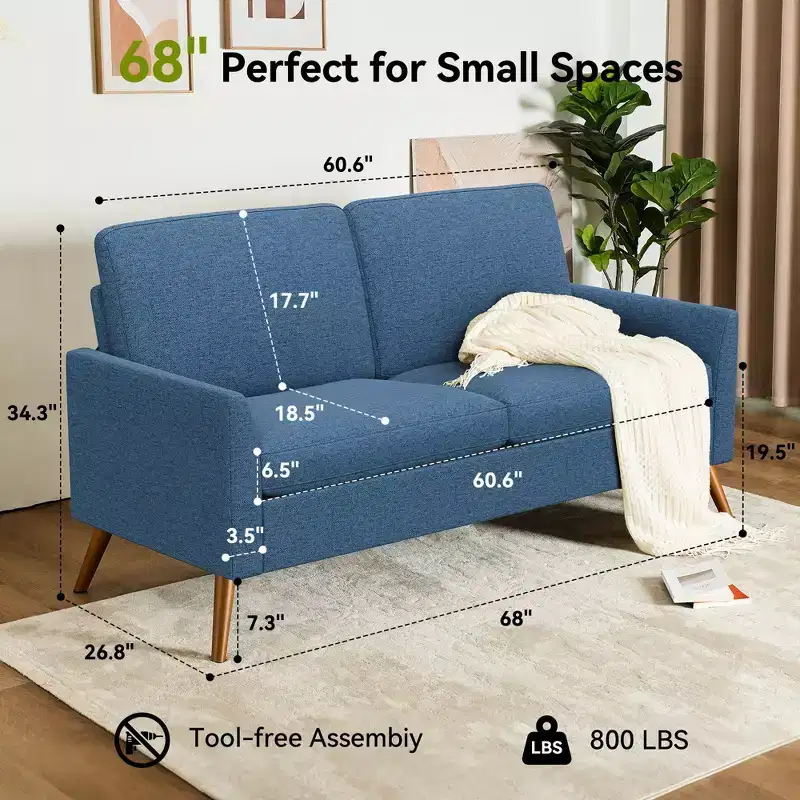 Dyonery 68 Loveseat Sofa, Comfy Couches for Living Room, Mid Century Modern Love Seat Sofa, Tool-Free Setup Small Couches for Bedroom Office
