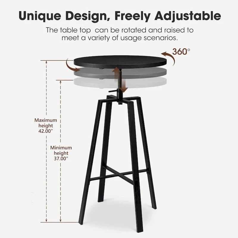 Industrial Wood Top Adjustable Swivel Round Pub Bar Table