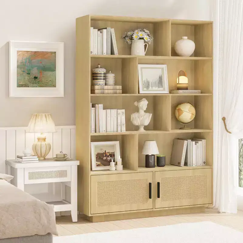 5 Tier Tall Bookshelf with Display Shelves, Rattan Classical Book Shelf with Storage, 5 Storage Bookcase with Metal Frame