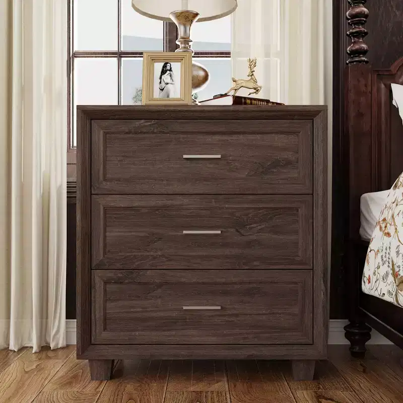Large Capacity 3 Drawer Nightstand Vintage Wood Bedside Table Side Cabinet