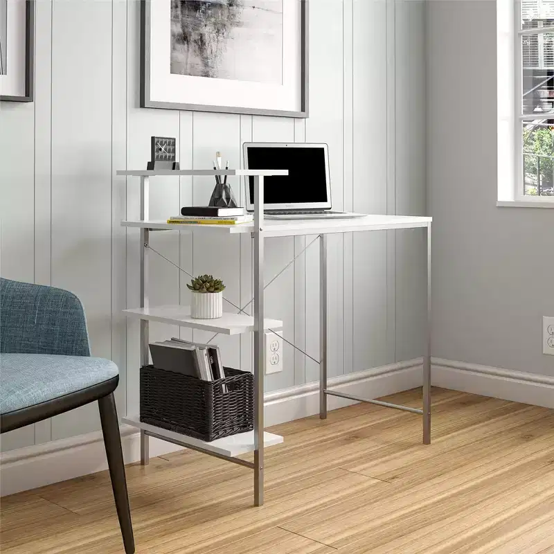 TUYOHW Side Storage Student Desk,Modern Study Desk with Laminated Top & Metal Frame,Spacious Desktop with Shelves for Homework Laptop Books,White