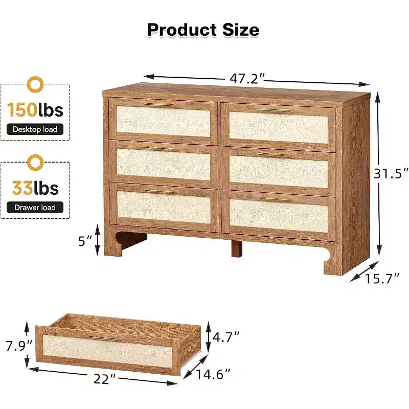 Oak Rattan 6-Drawer Dresser with Gold Handles and 5 Sturdy Legs, Farmhouse Style for Bedroom, Living Room & Entryway