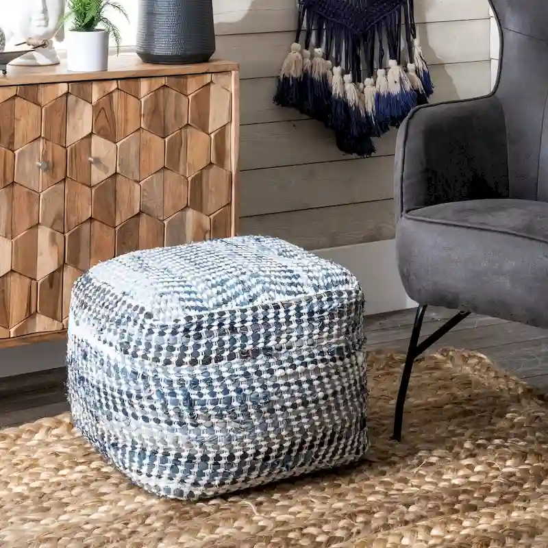 Blue Handmade Denim Ottoman Pouf, Single Seat
