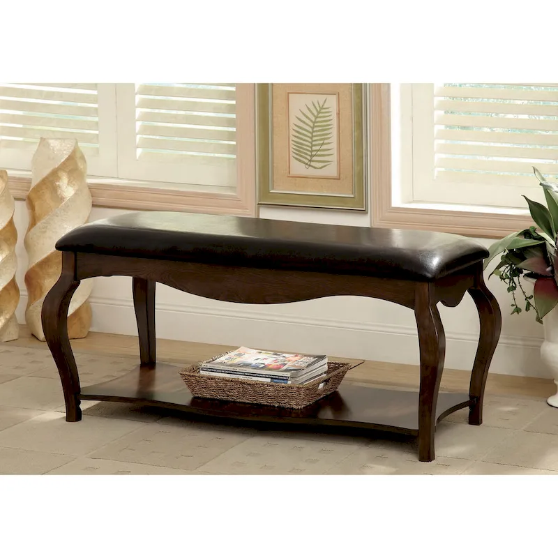 Tobacco Oak Faux Leather Accent Bench, Transitional Style, Seats 1