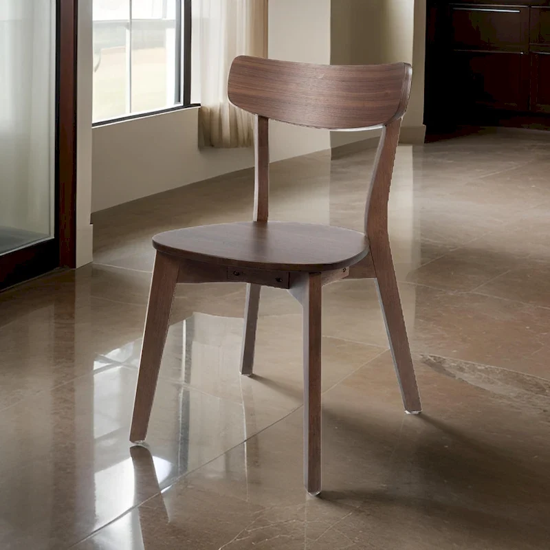 Walnut Brown Dining Side Chair with Round Seat and Open Panel Back
