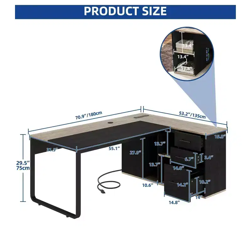 71in Black L Shaped Desk Executive Desk With Power Outlets With File Cabinet For Home