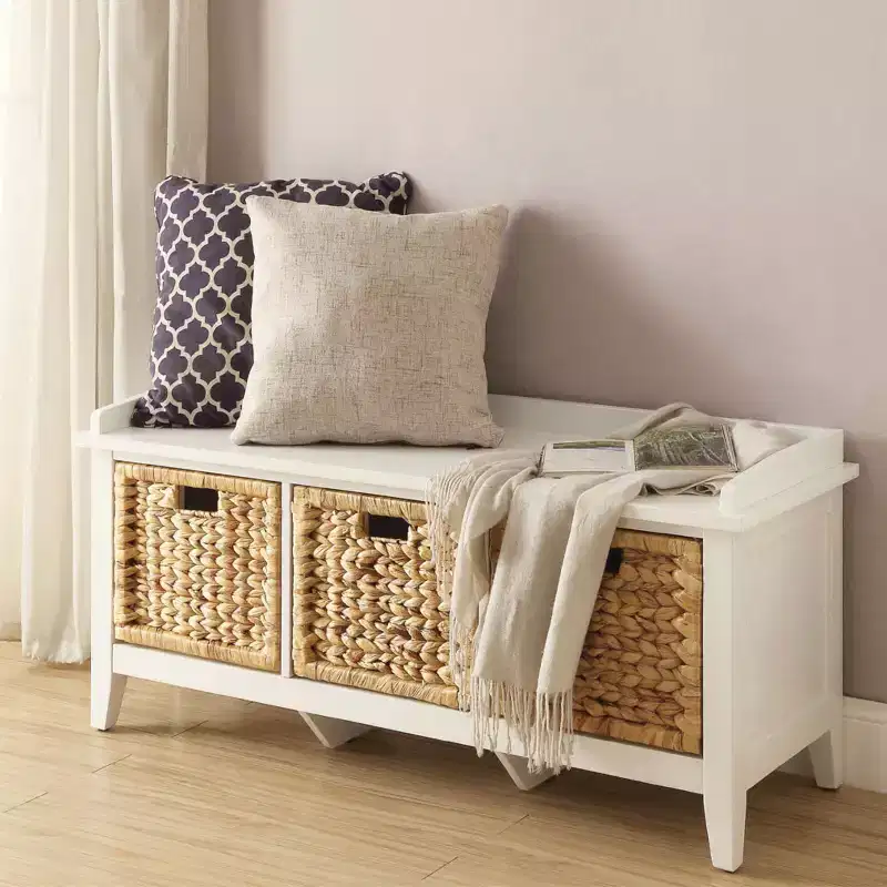 Wooden Bench with 3 Drawers in Rattan and White
