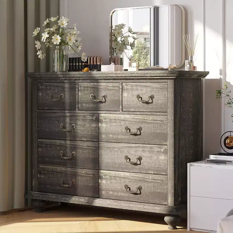 9 Drawer Farmhouse Dresser with Metal Handles, Retro Chest Storage Organizer for Bedroom Living Room Entryway