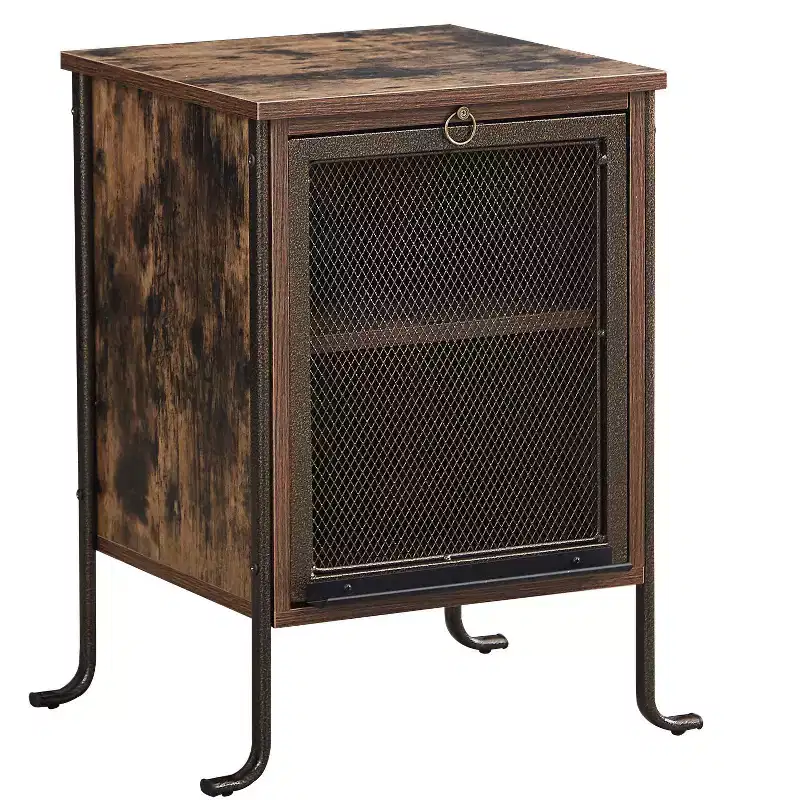 Nightstand with Pull-Out Tray and 2 Tier Storage Shelf, Steel Frame Side/End Table for Small Spaces, Brown