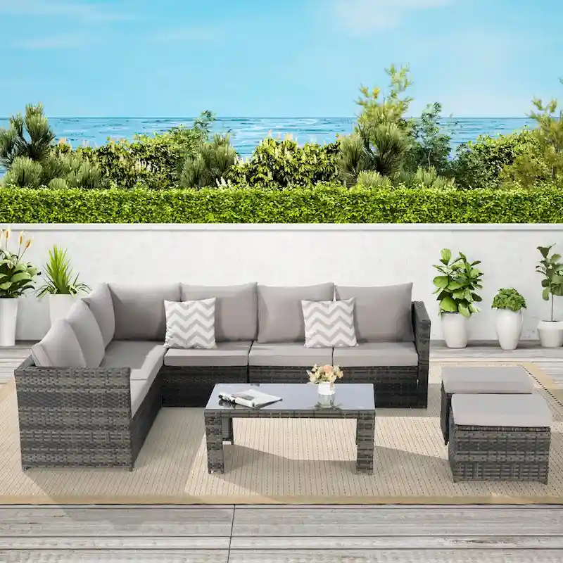 6-Piece All Weather Wicker Rattan Outdoor Sofa Conversation Set with Glass Table, Cushions and Pillows