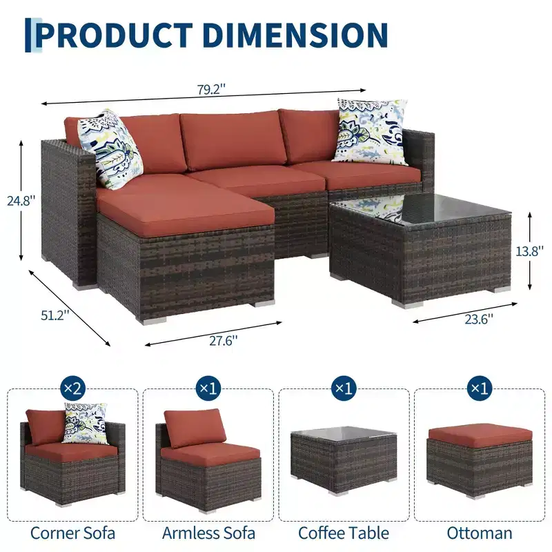 5-Piece All-Weather PE Rattan Outdoor Sectional Sofa Set, Modular Patio Conversation Set with Cushions and Glass Top Coffee Table for Garden