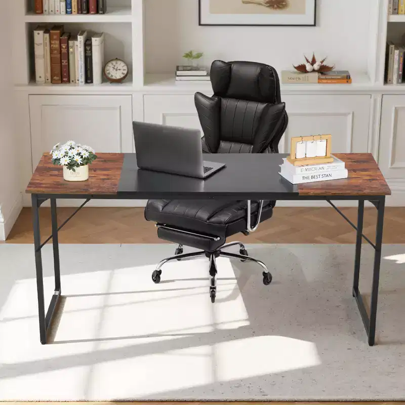 VEVOR Computer Desk, 63 Inch Office Gaming Desk for Home Office,Writing Study Work Modern Simple Table with Metal Frame for Large Legroom,Brown+Black