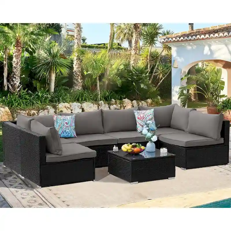 Outdoor Black Wicker 7-Piece Sofa Set with Gray Cushions